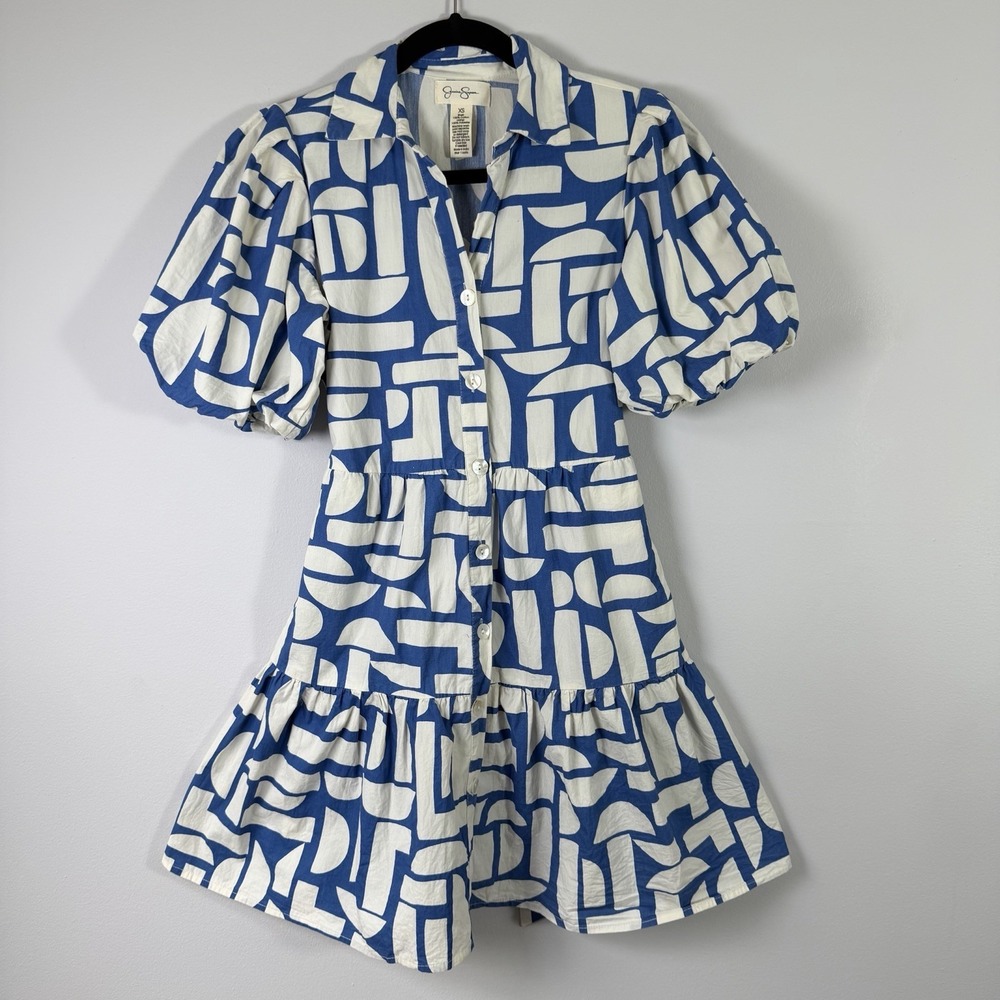 Jessica Simpson Blue White Geometric Print Fit Flare Mini Dress Puff Sleeve XS
